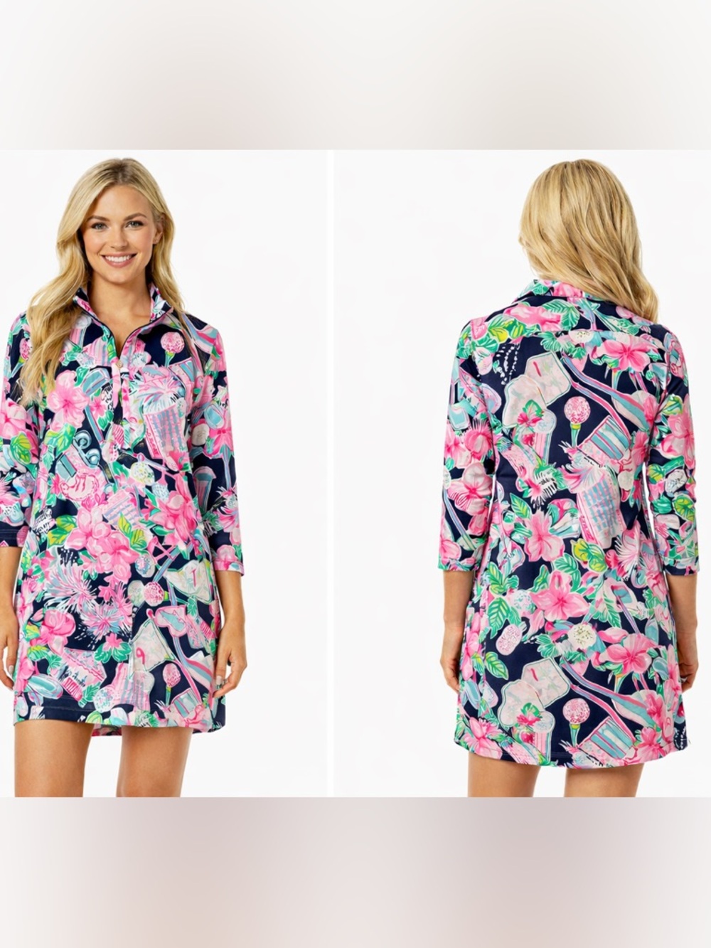 Lilly Pulitzer Skipper Popover Shirt Dress Golf Floral Print Gold Zipper Sz S